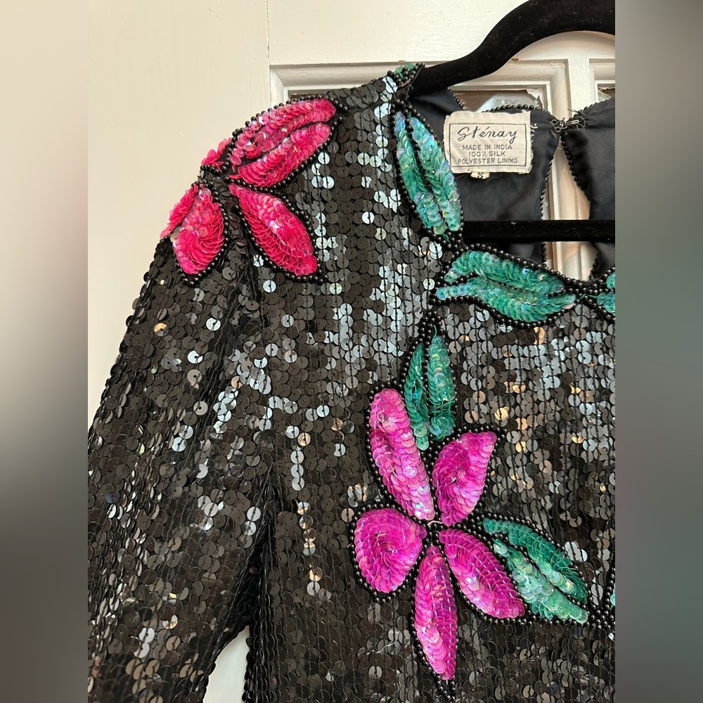 Vintage Stenay 80’s 100% Silk Sequin Art To Wear Floral Beaded Blouse Size S - Picture 2 of 11
